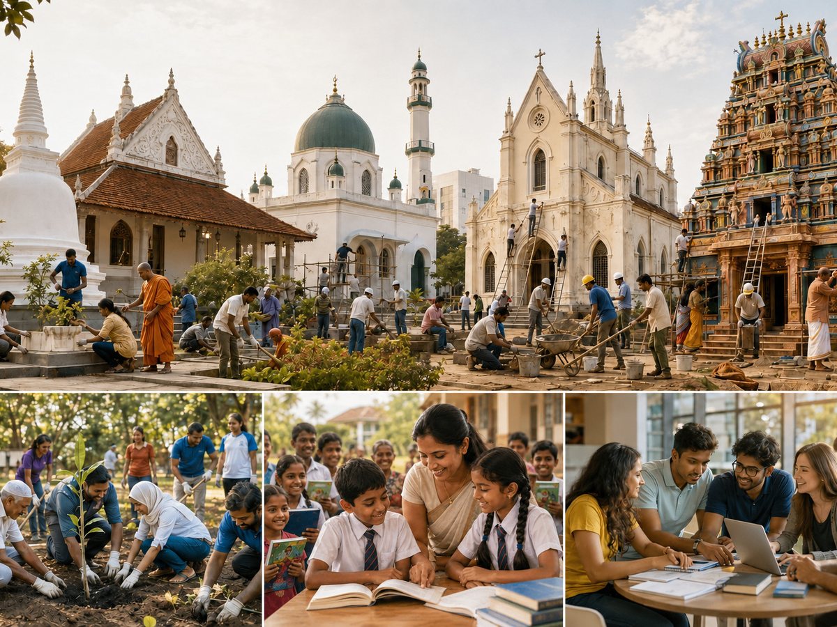 Volunteers restoring a heritage temple and teaching schoolchildren