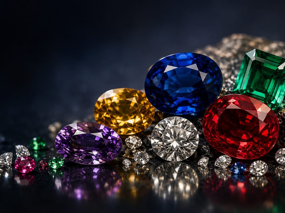 Vivid cut gemstones including sapphire, ruby, and emerald