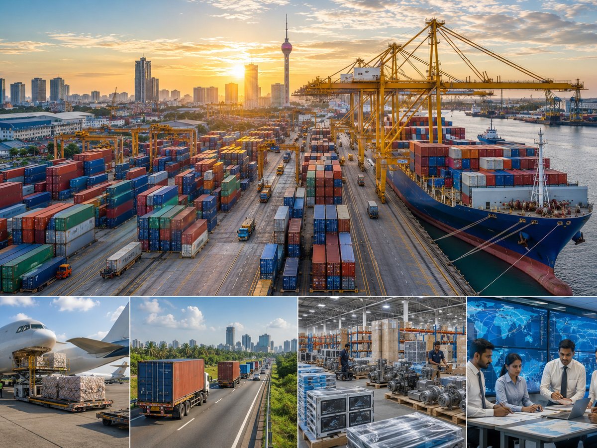 Aerial view of a container port with cargo ships and cranes