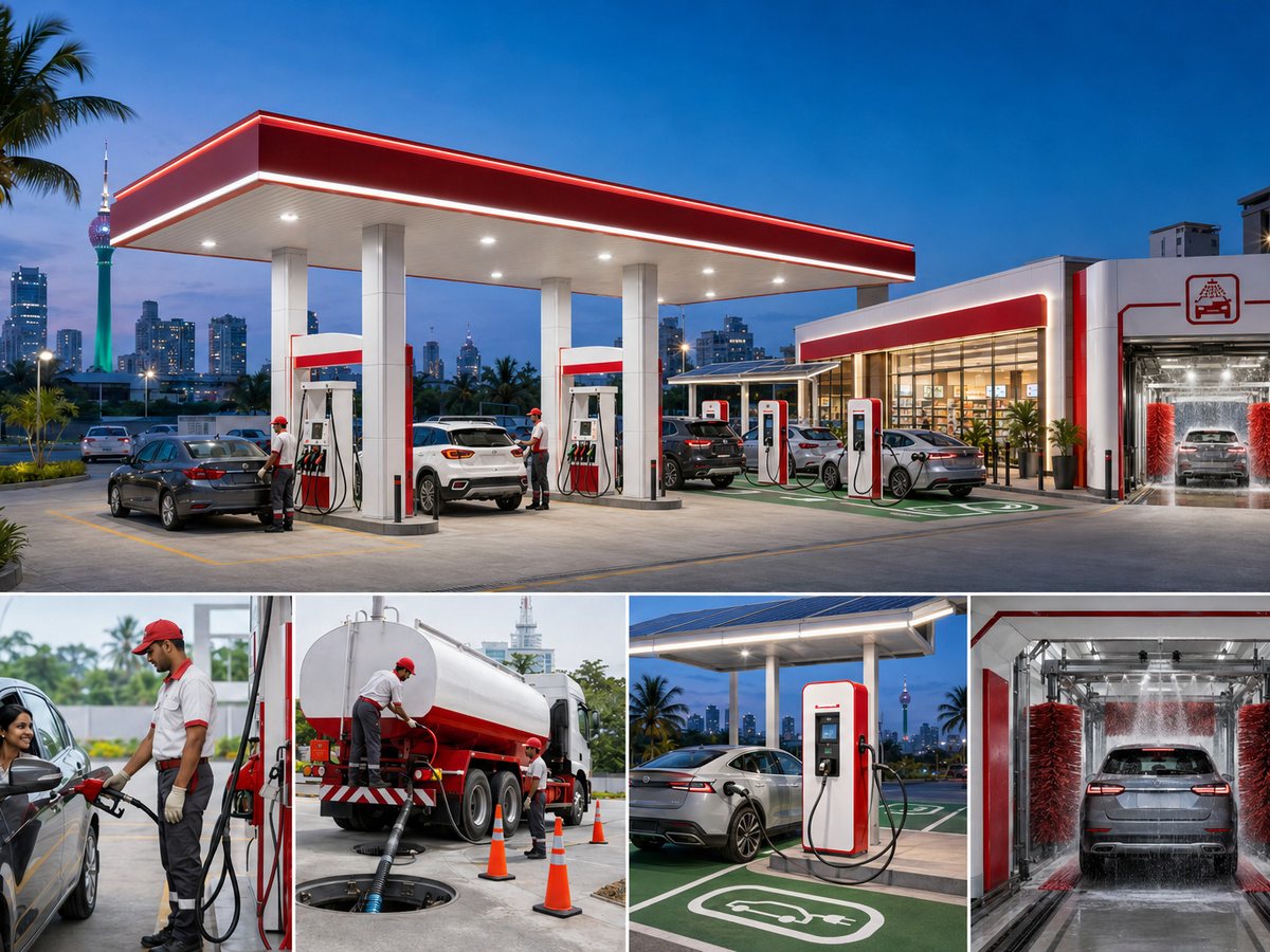 Modern fuel station with EV charging and an automated car wash at dusk
