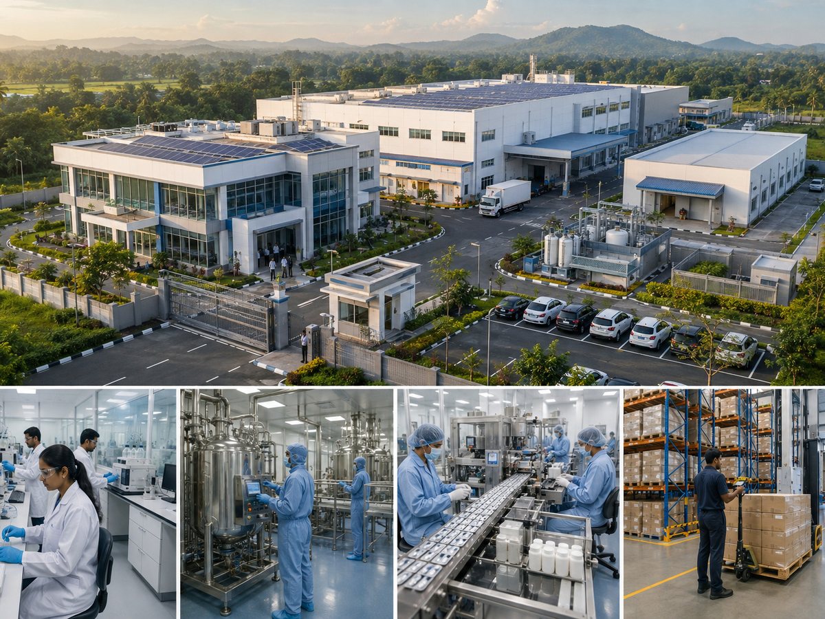 Technicians manufacturing medicines on a clean-room production line