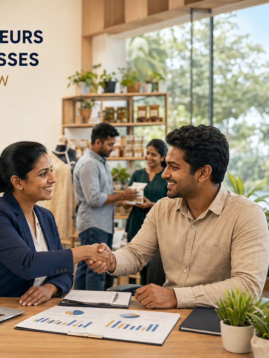 Business mentor and small business owner shaking hands in a store